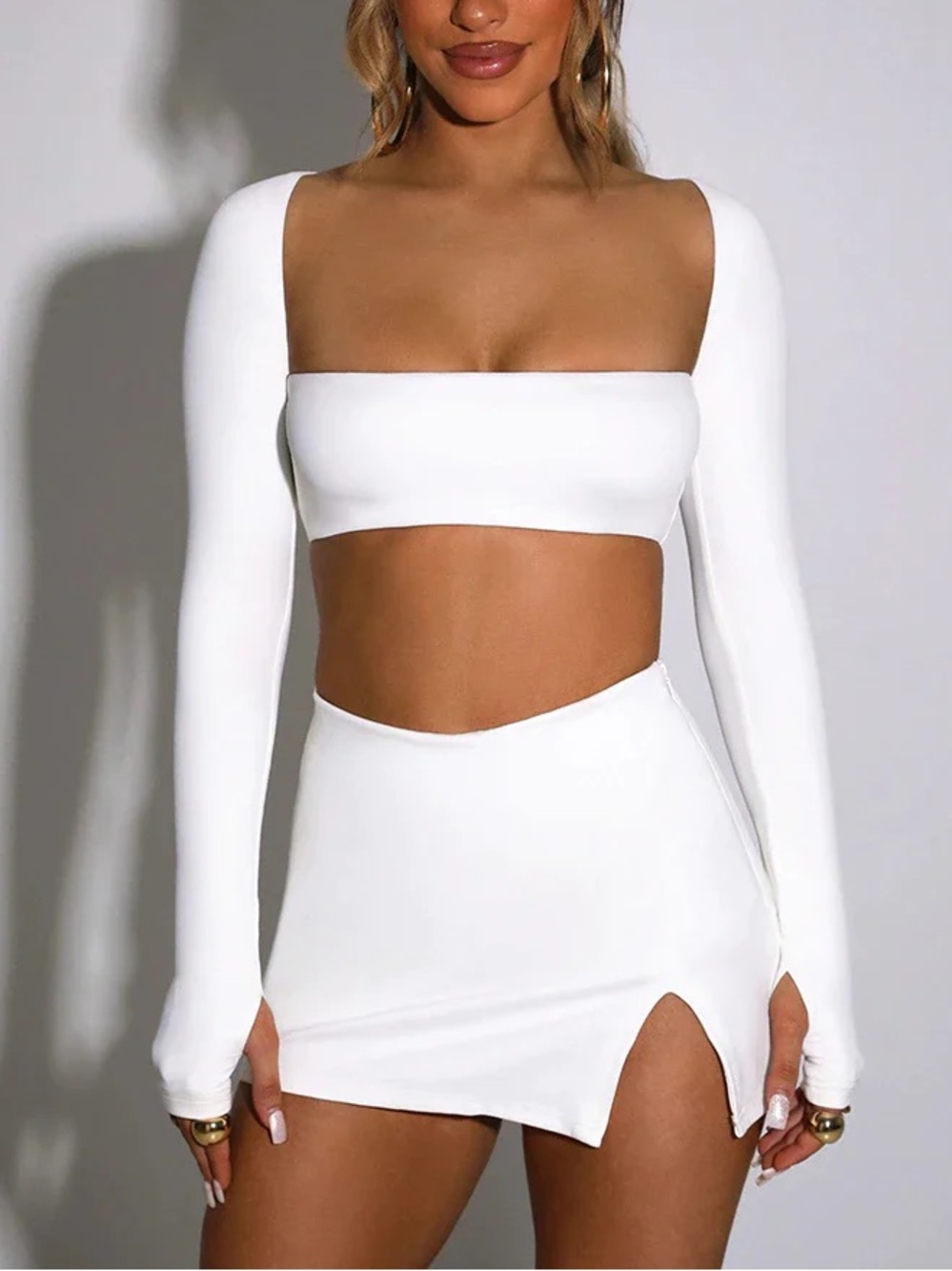 Two-Piece White Crop Top & Mini Skirt Set
